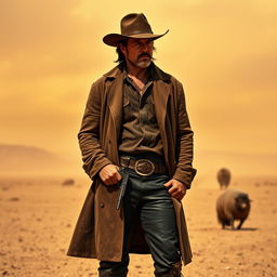 A rugged cowboy inspired by Brad Pitt, wearing a classic cowboy hat, leather boots, and a weathered duster coat, standing in a barren desert landscape