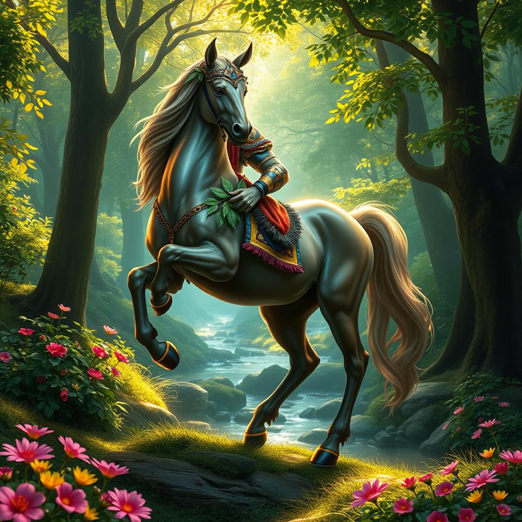 A majestic centaur standing gracefully in a lush, enchanted forest