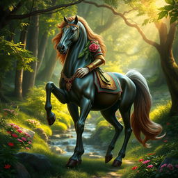A majestic centaur standing gracefully in a lush, enchanted forest