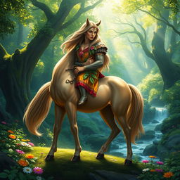 A majestic centaur standing gracefully in a lush, enchanted forest