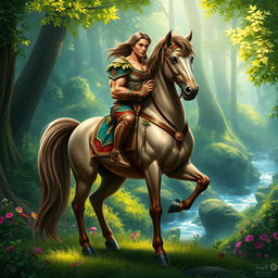A majestic centaur standing gracefully in a lush, enchanted forest