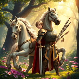 A majestic scene featuring a noble prince in splendid armor, standing confidently beside a powerful centaur