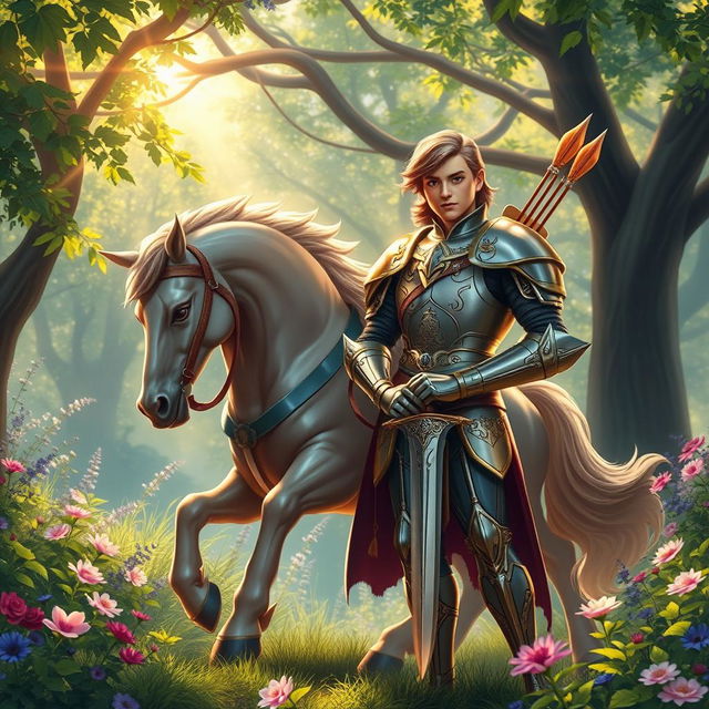 A majestic scene featuring a noble prince in splendid armor, standing confidently beside a powerful centaur