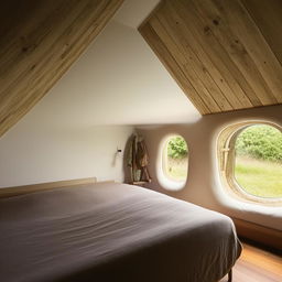 An aesthetically pleasing bedroom situated in an unusually shaped room, with one petite window allowing natural light to illuminate the space