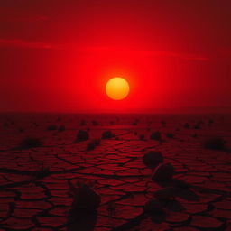 A vivid scene depicting a red sun rising over a vast wasteland terrain