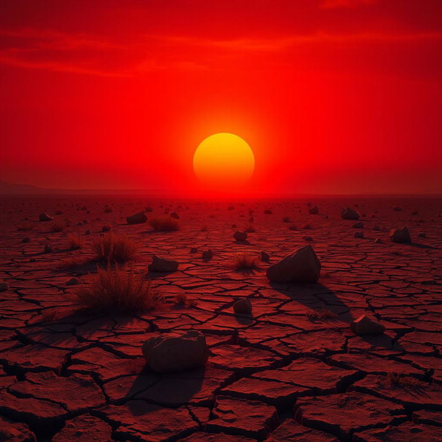 A vivid scene depicting a red sun rising over a vast wasteland terrain