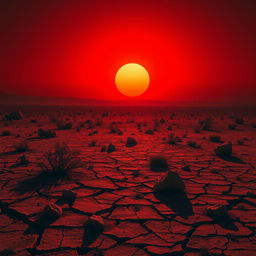 A vivid scene depicting a red sun rising over a vast wasteland terrain