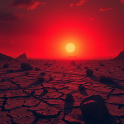 A vivid scene depicting a red sun rising over a vast wasteland terrain