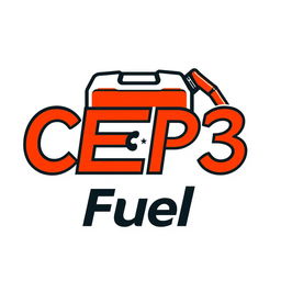 A visually striking logo for a fuel company featuring the text 'CEP3 Fuel' integrated with an illustration of a fuel tank