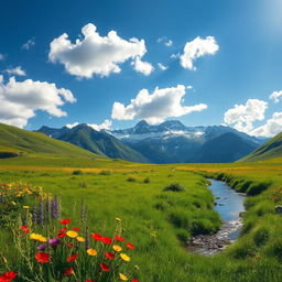 A stunning high quality image of a serene landscape featuring a lush green meadow under a clear blue sky, with fluffy white clouds drifting lazily above