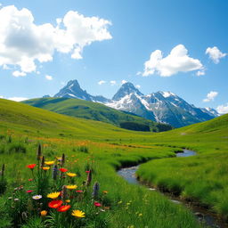 A stunning high quality image of a serene landscape featuring a lush green meadow under a clear blue sky, with fluffy white clouds drifting lazily above