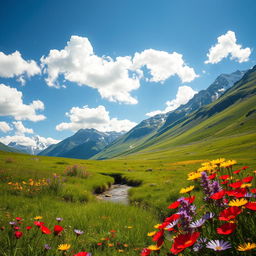 A stunning high quality image of a serene landscape featuring a lush green meadow under a clear blue sky, with fluffy white clouds drifting lazily above