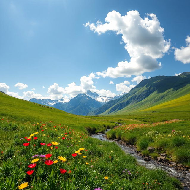 A stunning high quality image of a serene landscape featuring a lush green meadow under a clear blue sky, with fluffy white clouds drifting lazily above