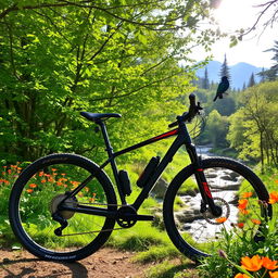 A sleek, modern mountain bike parked on a scenic forest trail, surrounded by lush green trees and vibrant wildflowers