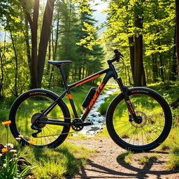 A sleek, modern mountain bike parked on a scenic forest trail, surrounded by lush green trees and vibrant wildflowers