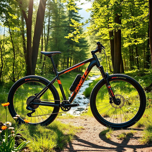 A sleek, modern mountain bike parked on a scenic forest trail, surrounded by lush green trees and vibrant wildflowers