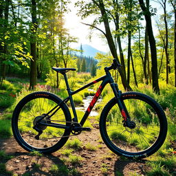 A sleek, modern mountain bike parked on a scenic forest trail, surrounded by lush green trees and vibrant wildflowers