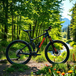 A sleek, modern mountain bike parked on a scenic forest trail, surrounded by lush green trees and vibrant wildflowers