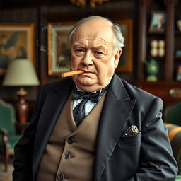 A portrait of a distinguished gentleman resembling Winston Churchill, dressed in a classic three-piece suit featuring a waistcoat, a tailored jacket, and crisp trousers