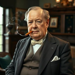 A portrait of a distinguished gentleman resembling Winston Churchill, dressed in a classic three-piece suit featuring a waistcoat, a tailored jacket, and crisp trousers