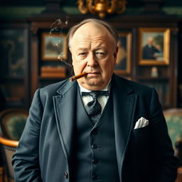 A portrait of a distinguished gentleman resembling Winston Churchill, dressed in a classic three-piece suit featuring a waistcoat, a tailored jacket, and crisp trousers