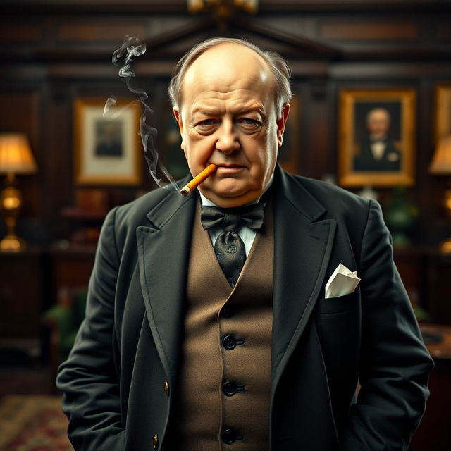 A portrait of a distinguished gentleman resembling Winston Churchill, dressed in a classic three-piece suit featuring a waistcoat, a tailored jacket, and crisp trousers