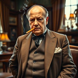 A portrait of a distinguished gentleman inspired by Winston Churchill, wearing a classic tailored three-piece suit with a waistcoat, jacket, and trousers