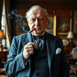 A portrait of a distinguished gentleman inspired by Winston Churchill, wearing a classic tailored three-piece suit with a waistcoat, jacket, and trousers