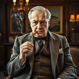 A portrait of a distinguished gentleman inspired by Winston Churchill, wearing a classic tailored three-piece suit with a waistcoat, jacket, and trousers