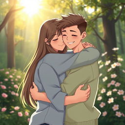 A warm and intimate scene of two individuals sharing a heartfelt hug, surrounded by a serene natural setting