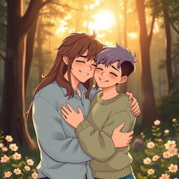 A warm and intimate scene of two individuals sharing a heartfelt hug, surrounded by a serene natural setting