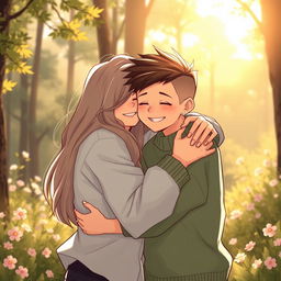 A warm and intimate scene of two individuals sharing a heartfelt hug, surrounded by a serene natural setting