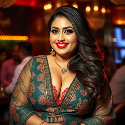 A stunningly beautiful Pakistani woman, mature and curvy, exuding confidence and charm