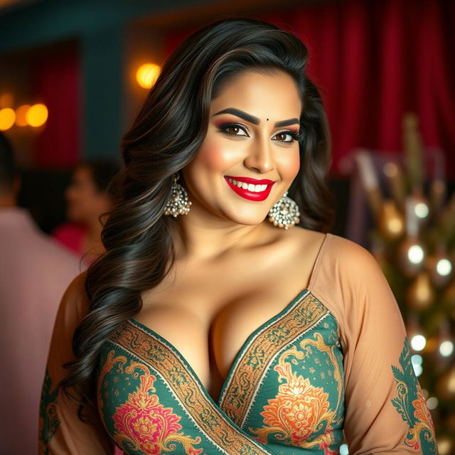 A stunningly beautiful Pakistani woman, mature and curvy, exuding confidence and charm