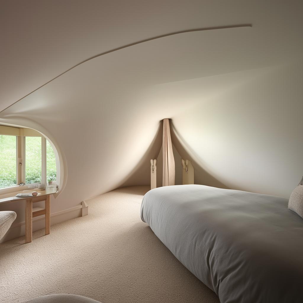 An aesthetically pleasing bedroom situated in an unusually shaped room, with one petite window allowing natural light to illuminate the space