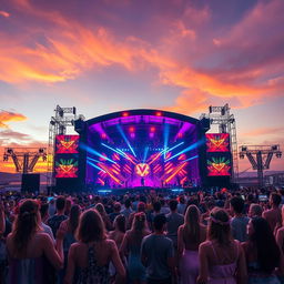 A mesmerizing depiction of a vibrant music festival scene at dusk, with colorful lights illuminating the stage and energetic crowds dancing beneath a sky painted in warm hues of orange and purple