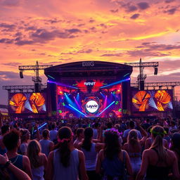 A mesmerizing depiction of a vibrant music festival scene at dusk, with colorful lights illuminating the stage and energetic crowds dancing beneath a sky painted in warm hues of orange and purple