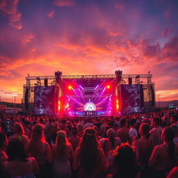 A mesmerizing depiction of a vibrant music festival scene at dusk, with colorful lights illuminating the stage and energetic crowds dancing beneath a sky painted in warm hues of orange and purple