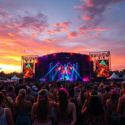 A mesmerizing depiction of a vibrant music festival scene at dusk, with colorful lights illuminating the stage and energetic crowds dancing beneath a sky painted in warm hues of orange and purple
