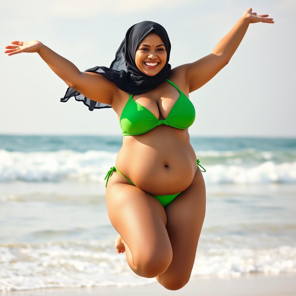 A voluptuous Bengali woman joyfully jumping in a vibrant green bikini, showcasing her curvy figure with a fuller belly