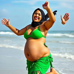 A voluptuous Bengali woman joyfully jumping in a vibrant green bikini, showcasing her curvy figure with a fuller belly