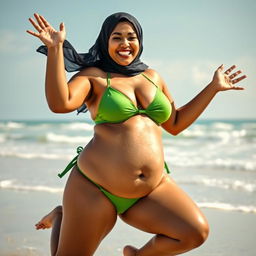 A voluptuous Bengali woman joyfully jumping in a vibrant green bikini, showcasing her curvy figure with a fuller belly