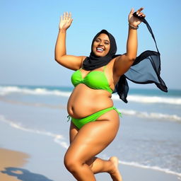 A voluptuous Bengali woman joyfully jumping in a vibrant green bikini, showcasing her curvy figure with a fuller belly