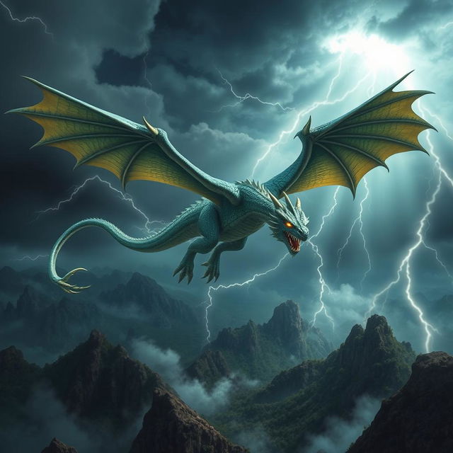 A magnificent dragon soaring through a stormy sky, its scales shimmering in shades of emerald green and azure blue