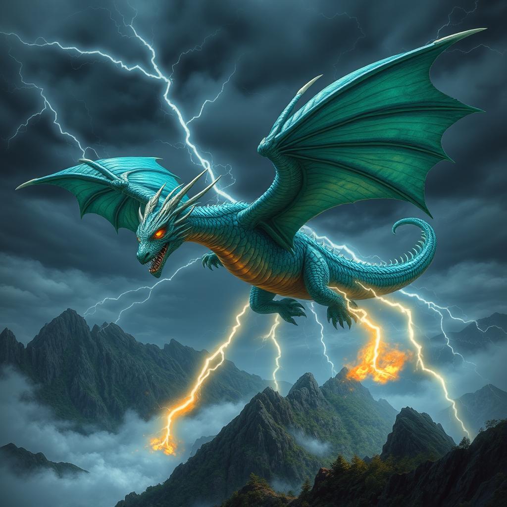 A magnificent dragon soaring through a stormy sky, its scales shimmering in shades of emerald green and azure blue