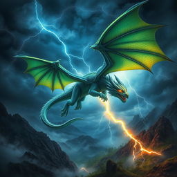 A magnificent dragon soaring through a stormy sky, its scales shimmering in shades of emerald green and azure blue