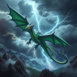 A magnificent dragon soaring through a stormy sky, its scales shimmering in shades of emerald green and azure blue