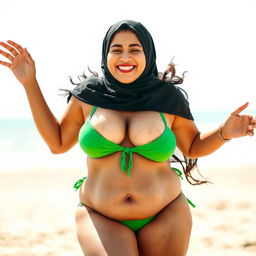 A voluptuous Bengali woman joyfully jumping in a vibrant green bikini, showcasing her fuller belly