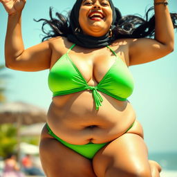 A voluptuous Bengali woman joyfully jumping in a vibrant green bikini, showcasing her fuller belly