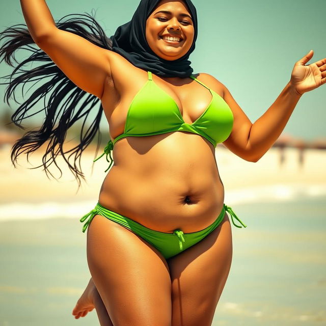 A voluptuous Bengali woman joyfully jumping in a vibrant green bikini, showcasing her fuller belly